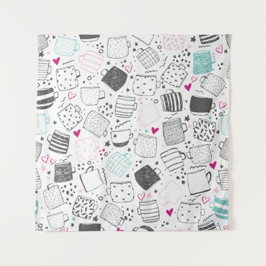 Handgezeichnet Tasse Muster, nahtlos gestaltet. Wandteppich (Vorderseite)