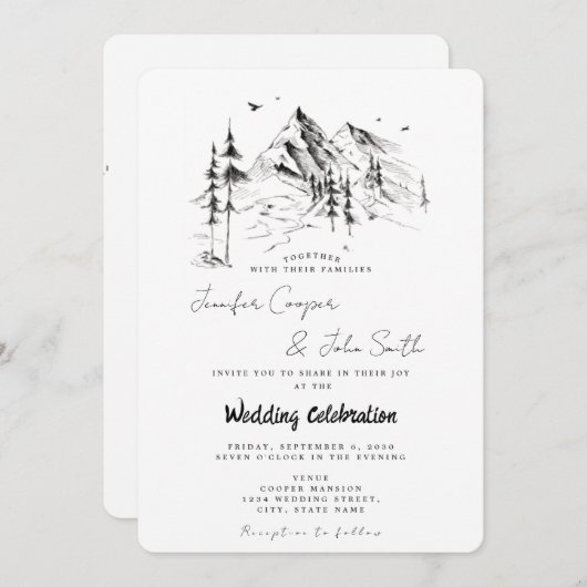 Handgezeichnet Wald- und Bergbau-Hochzeit in Urlau Einladung (Vorne/Hinten)