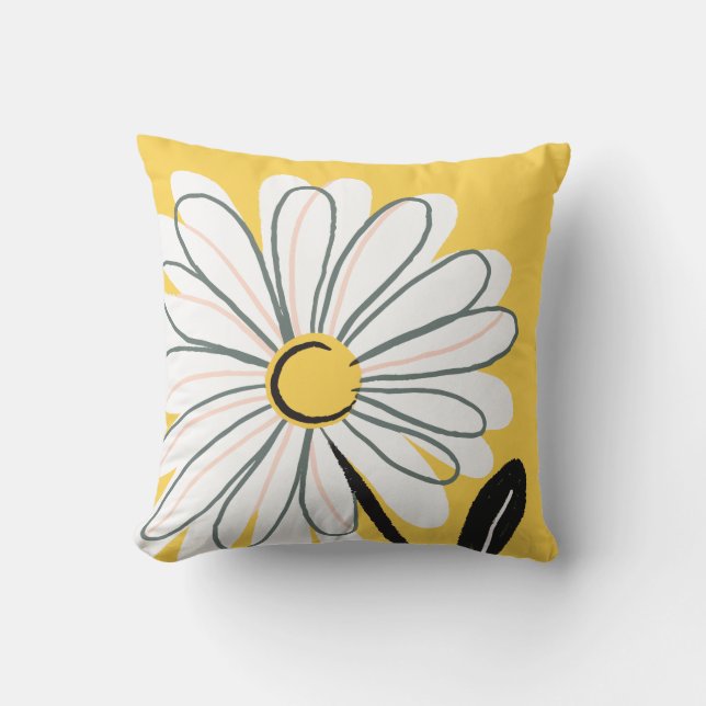 Handgezeichnet Whimsical Yellow Daisy Kissen (Vorderseite)