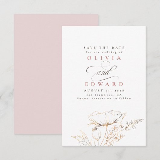 Handgezeichnet Wildblumen Dusty Pink Save the Date (Vorne/Hinten)