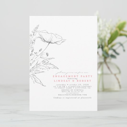 Handgezeichnet Wildblumen Elegante Engagement Part Einladung (Stehend Vorderseite)