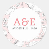 Handgezeichnet Wildblumen Elegante Rosa Hochzeit Runder Aufkleber (Vorderseite)