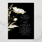 Handgezeichnet Wildblumen Elegante Schwarze Hochze Folieneinladung (Vorderseite)