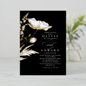 Handgezeichnet Wildblumen Elegante Schwarze Hochze Folieneinladung (Stehend vorne)