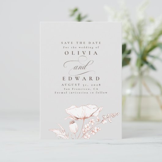 Handgezeichnet Wildblumen Light Gray Save the Date (Stehend Vorderseite)