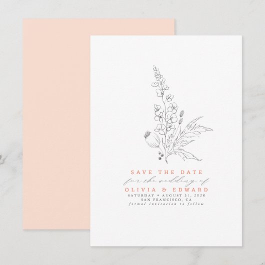 Handgezeichnet Wildblumen Peach Color Save the Dat Date (Vorne/Hinten)