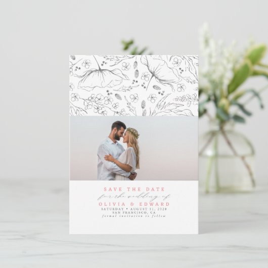 Handgezeichnet Wildblumen Rosa Save the Date Foto (Stehend Vorderseite)