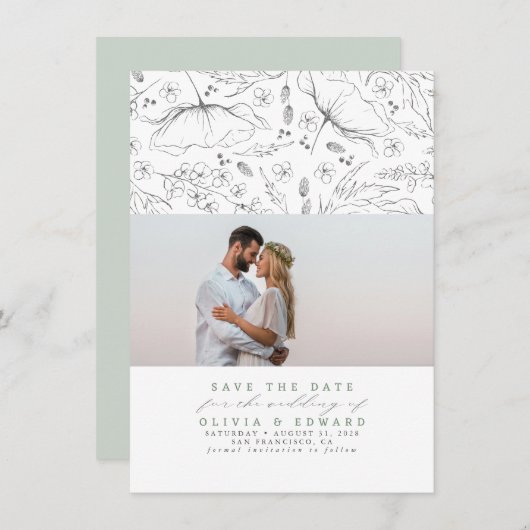 Handgezeichnet Wildblumen Sage Save the Date Foto (Vorne/Hinten)