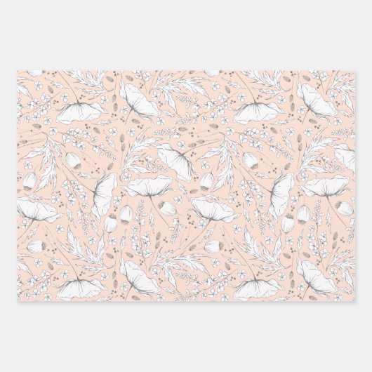 Handgezeichnet Wildblumen Stift Muster Peach Geschenkpapier Set (Vorderseite 3)