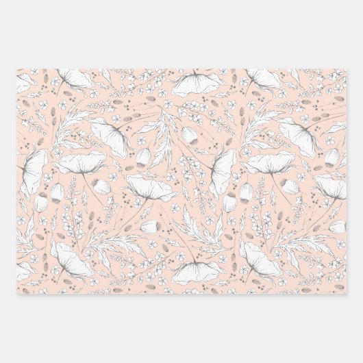 Handgezeichnet Wildblumen Stift Muster Peach Geschenkpapier Set (Vorderseite)