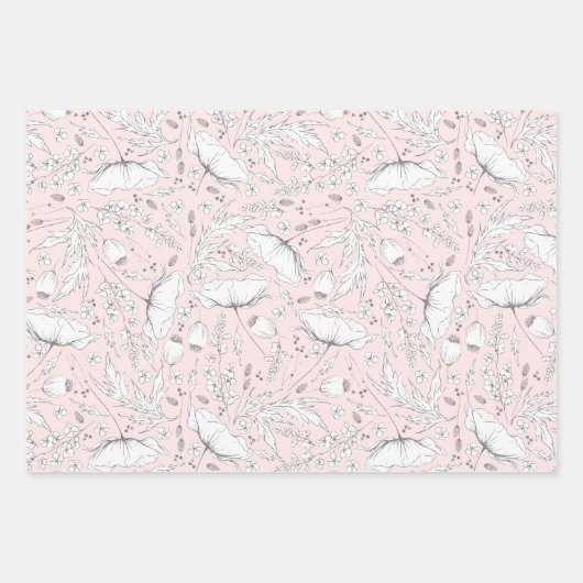 Handgezeichnet Wildblumen Stift Muster rosa Geschenkpapier Set (Vorderseite 3)