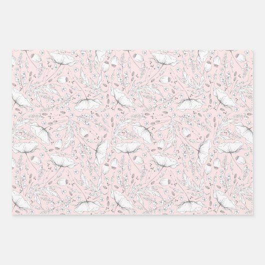 Handgezeichnet Wildblumen Stift Muster rosa Geschenkpapier Set (Vorderseite 2)