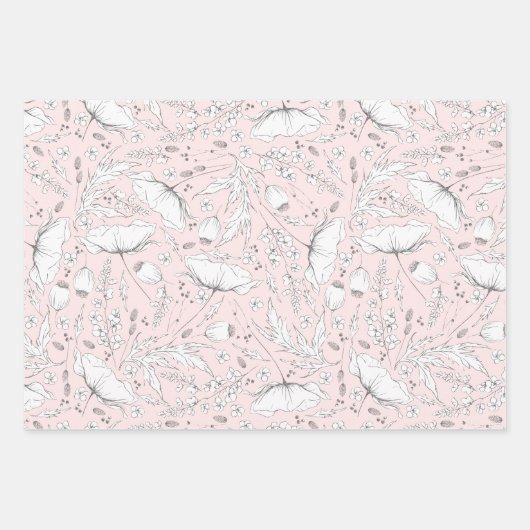 Handgezeichnet Wildblumen Stift Muster rosa Geschenkpapier Set (Vorderseite)
