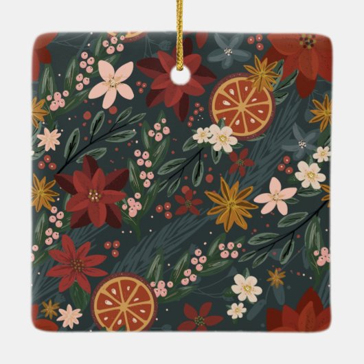 Handgezeichnet Winter Florals & Orangen Foto Keramikornament (Rückseite)