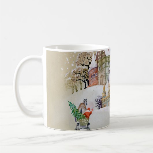 Handgezeichnete Abbildung mit Winterlandschaft und Kaffeetasse (Links)