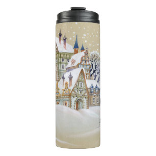 Handgezeichnete Abbildung mit Winterlandschaft und Thermosbecher