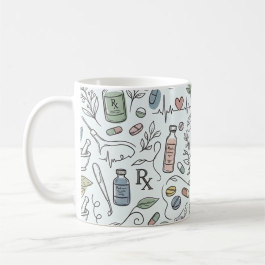 Handgezeichnete Apotheken-Doodle-Tasse | Moderne W Kaffeetasse (Links)