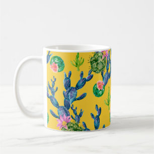 Handgezeichnete Aquarellbilder mit Kaktus und Kaffeetasse