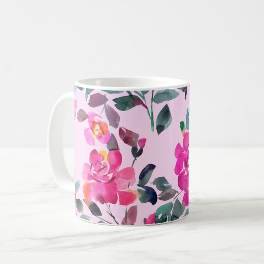 Handgezeichnete Aquarellfarben opulente Rose. Naht Kaffeetasse (Vorderseite Links)