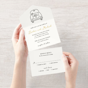 Handgezeichnete Auto-Doodle-Moderne Hochzeit All-in-One-Einladung