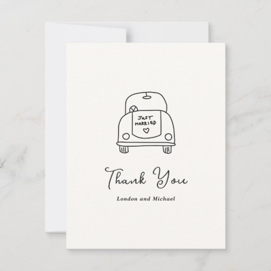 Handgezeichnete Autodoodle Moderne Hochzeit Dankeskarte (Vorderseite)
