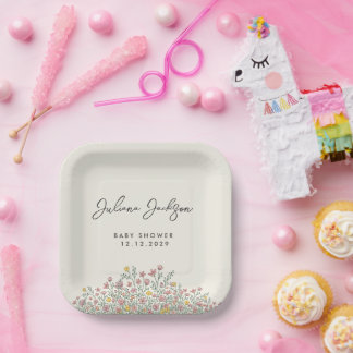 Handgezeichnete Baby-Party mit Wildblumen  Pappteller