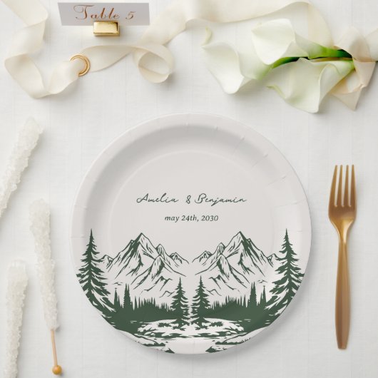 Handgezeichnete Berg-Sommer-Hochzeit Pappteller (Hochzeit)