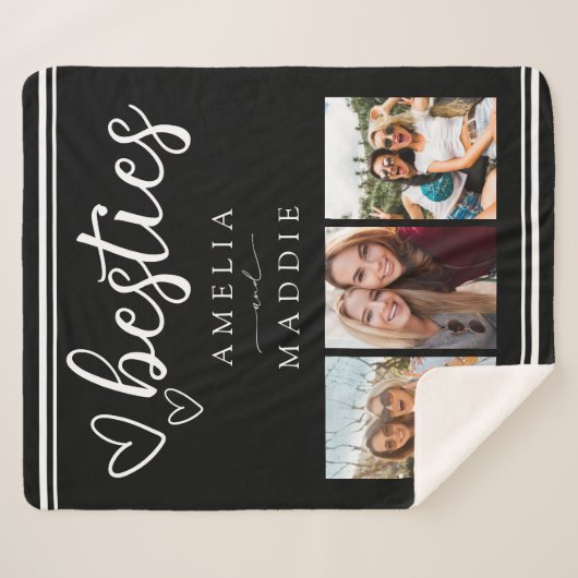 Handgezeichnete Besties Foto Collage Schwarz-Weiß Sherpadecke (Vorderseite (Horizontal))