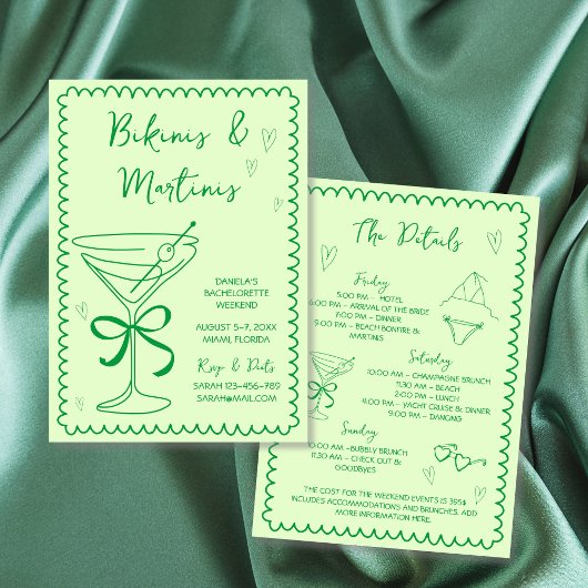 Handgezeichnete Bikinis & Martinis Grüner Bachelor Einladung