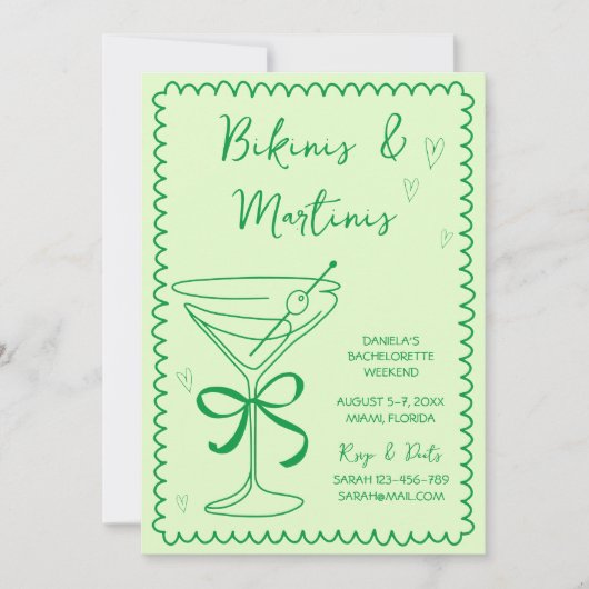 Handgezeichnete Bikinis & Martinis Grüner Bachelor Einladung (Vorderseite)