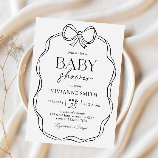 Handgezeichnete Black Bow Baby Girl Dusche Einladung