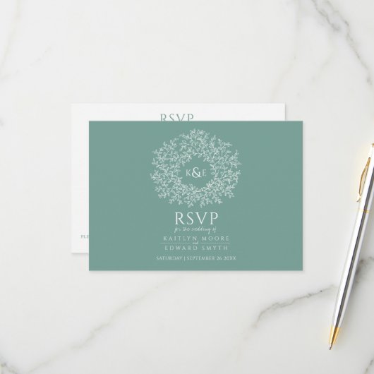 Handgezeichnete Blatt-Monogramm Salbei-Grüne UAWG RSVP Karte (Vorderseite/Rückseite Beispiel)