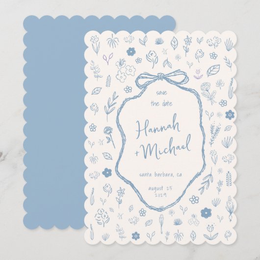Handgezeichnete blaue Blumen Winterhochzeit Save The Date (Vorne/Hinten)
