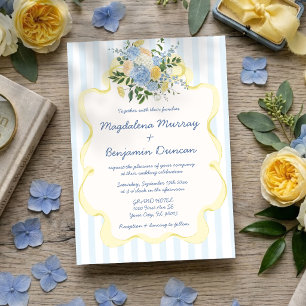Handgezeichnete blaue gelbe Blumenstreifen-Hochzei Einladung
