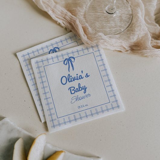 Handgezeichnete blaue Gingham-Schleife Baby-Junge- Serviette