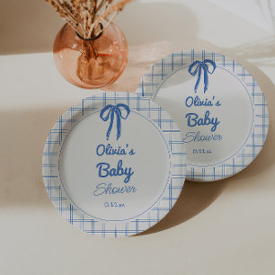 Handgezeichnete blaue Gingham-Schleife Baby Shower Pappteller