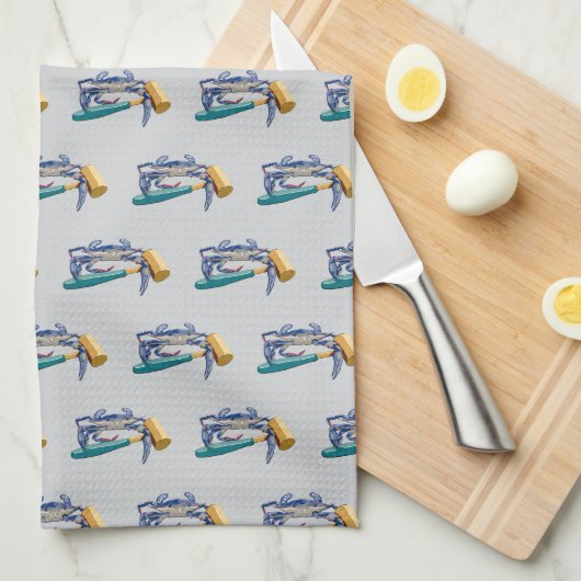 Handgezeichnete blaue Krabbe mit Hammer Mallet Cra Geschirrtuch (Viertel Falte)