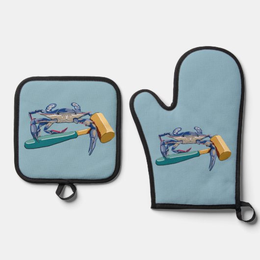 Handgezeichnete blaue Krabbe mit Hammer Mallet Cra Ofenhandschuh & Topflappen-Set (Vorderseite)