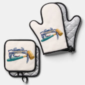Handgezeichnete blaue Krabbe mit Hammer Mallet Cra Ofenhandschuh & Topflappen-Set (Vorderseite/Rückseite)