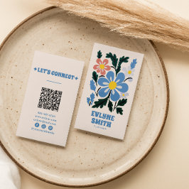 Handgezeichnete blaue Retro Groovy QR Code floral  Visitenkarte