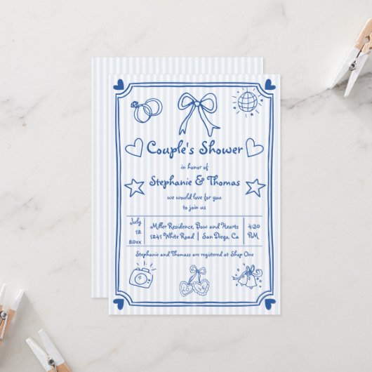 Handgezeichnete, blaue Streifen Dusche für Paare Einladung (Vorderseite/Rückseite Beispiel)