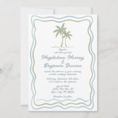 Handgezeichnete blaue Wavy Frame Palm Tree Hochzei Einladung (Vorderseite)