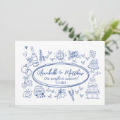 Handgezeichnete blaue Whimsical-Hochzeit Einladung (Stehend Vorderseite)