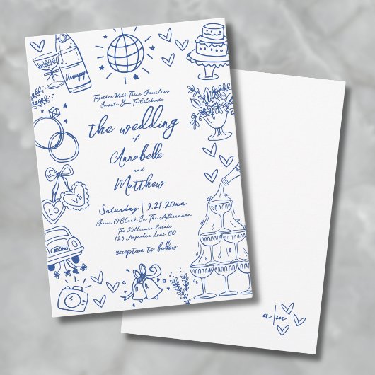 Handgezeichnete blaue wunderliche Hochzeit Einladung