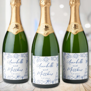 Handgezeichnete blaue wunderliche Hochzeit Schaumweinetikett