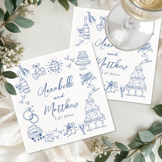 Handgezeichnete blaue wunderliche Hochzeit Serviette