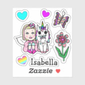 Handgezeichnete Blonde Fairy, Einhorn und Name Aufkleber (Blatt)