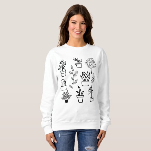 Handgezeichnete Blume Doodles Schwarzweiß-Pflanze Sweatshirt (Vorne ganz)