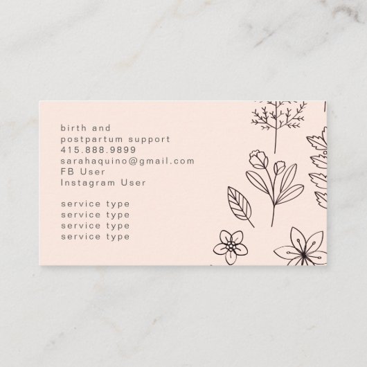 Handgezeichnete Blumendoodle Doula Aqua Birth Coac Visitenkarte (Rückseite)
