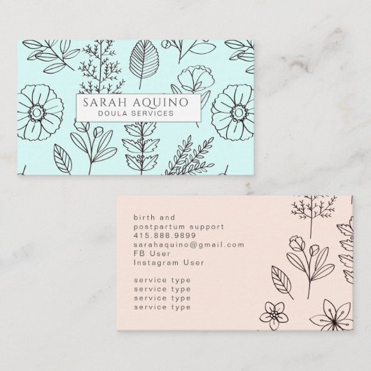 Handgezeichnete Blumendoodle Doula Aqua Birth Coac Visitenkarte (Vorne/Hinten)